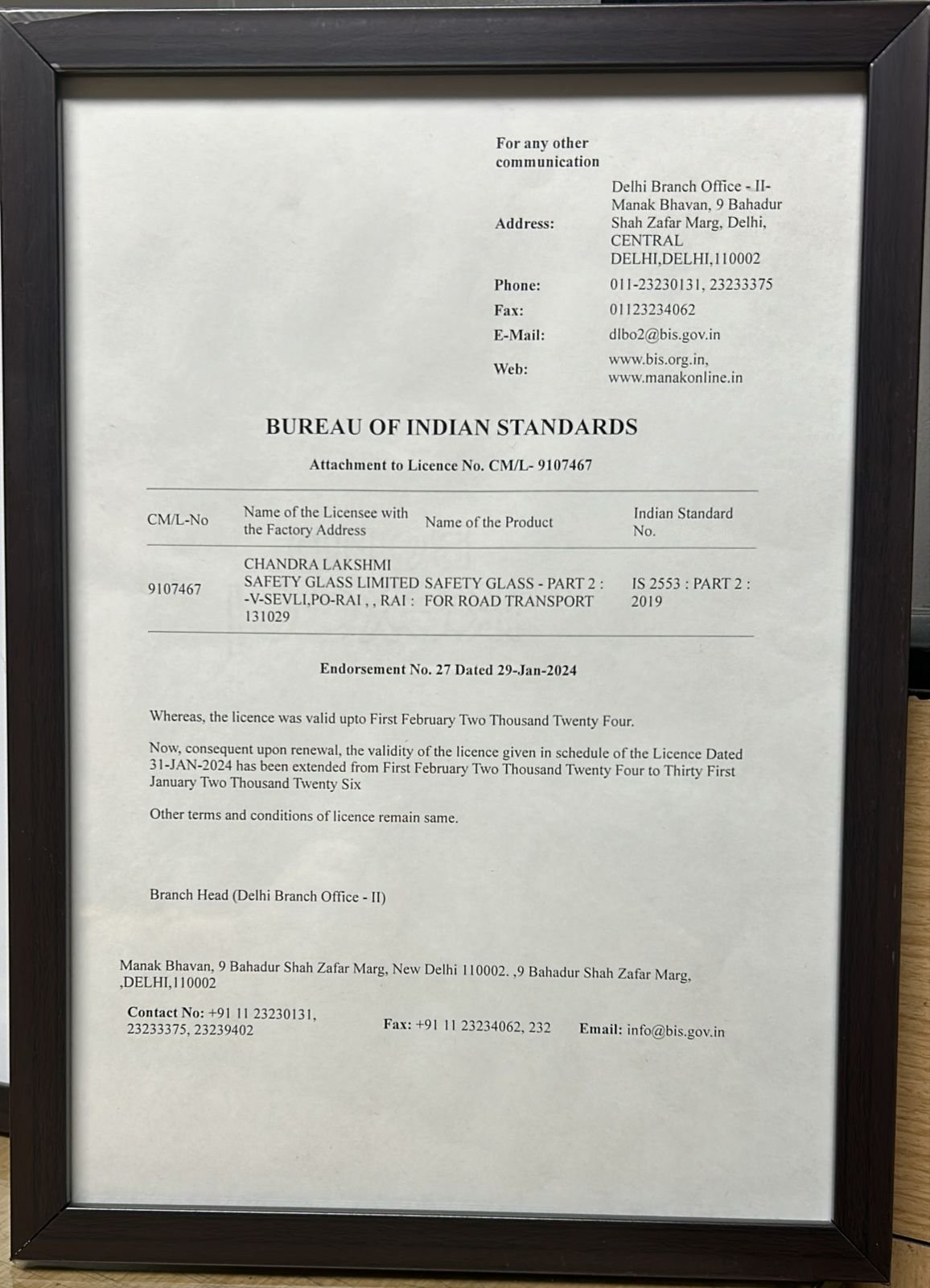 Bureau of Indian Standards (BIS) licence attachment, CM/L-9107467, IS 2553 Part 2, held by Chandra Lakshmi Safety Glass Ltd