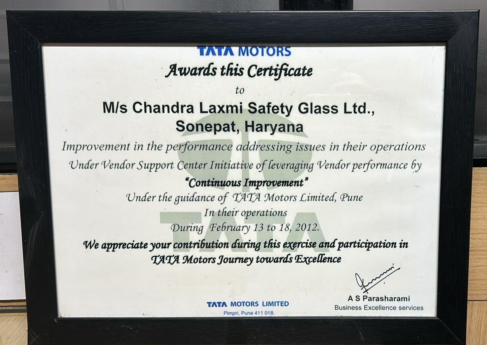Certificate of appreciation from Tata Motors Limited to Chandra Lakshmi Safety Glass Ltd for continuous improvement