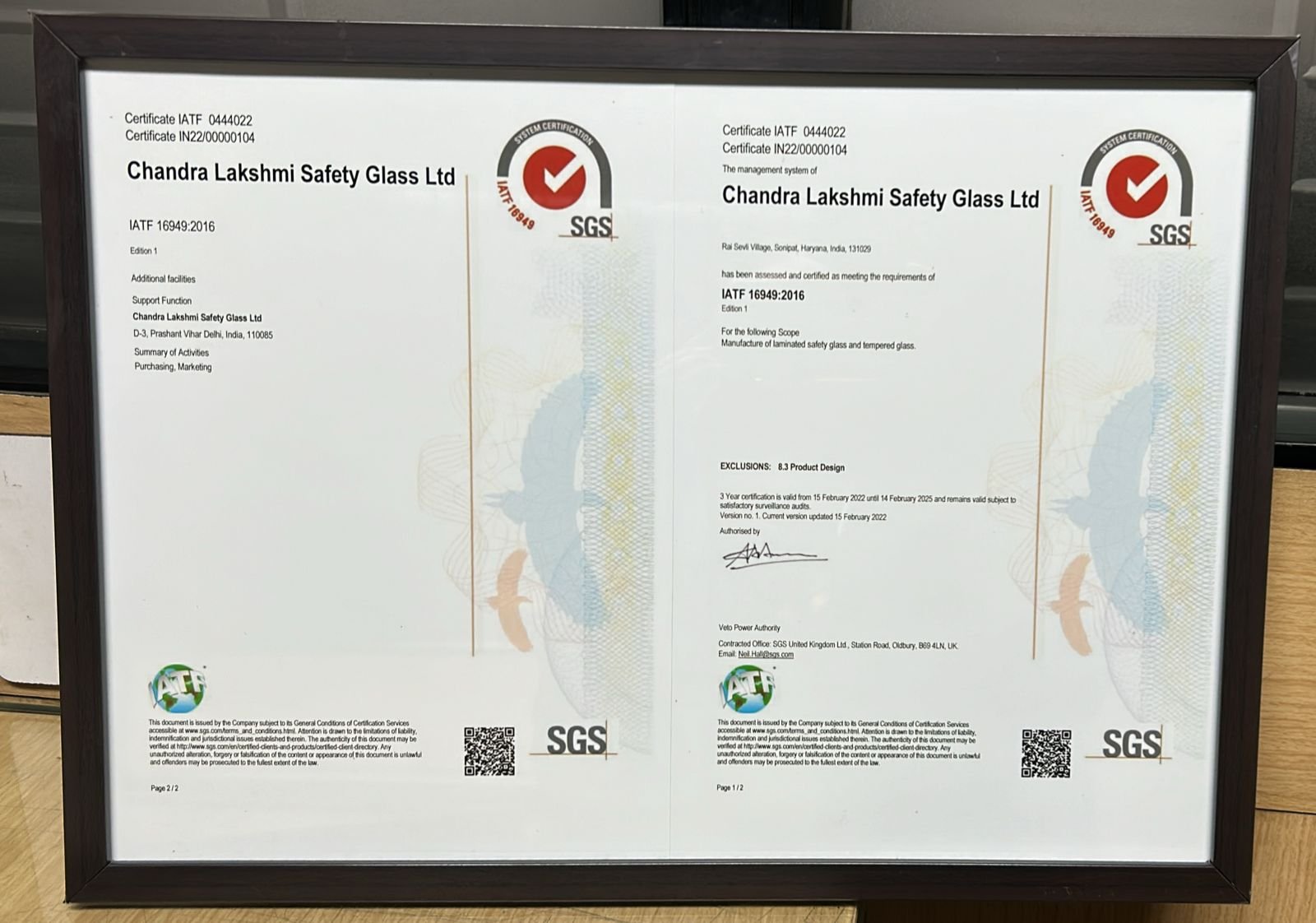 IATF 16949:2016 system certification, Certificate IATF 0444022, issued to Chandra Lakshmi Safety Glass Ltd by SGS