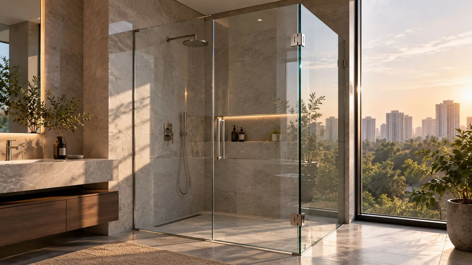Frameless glass door of a shower enclosure beside a window