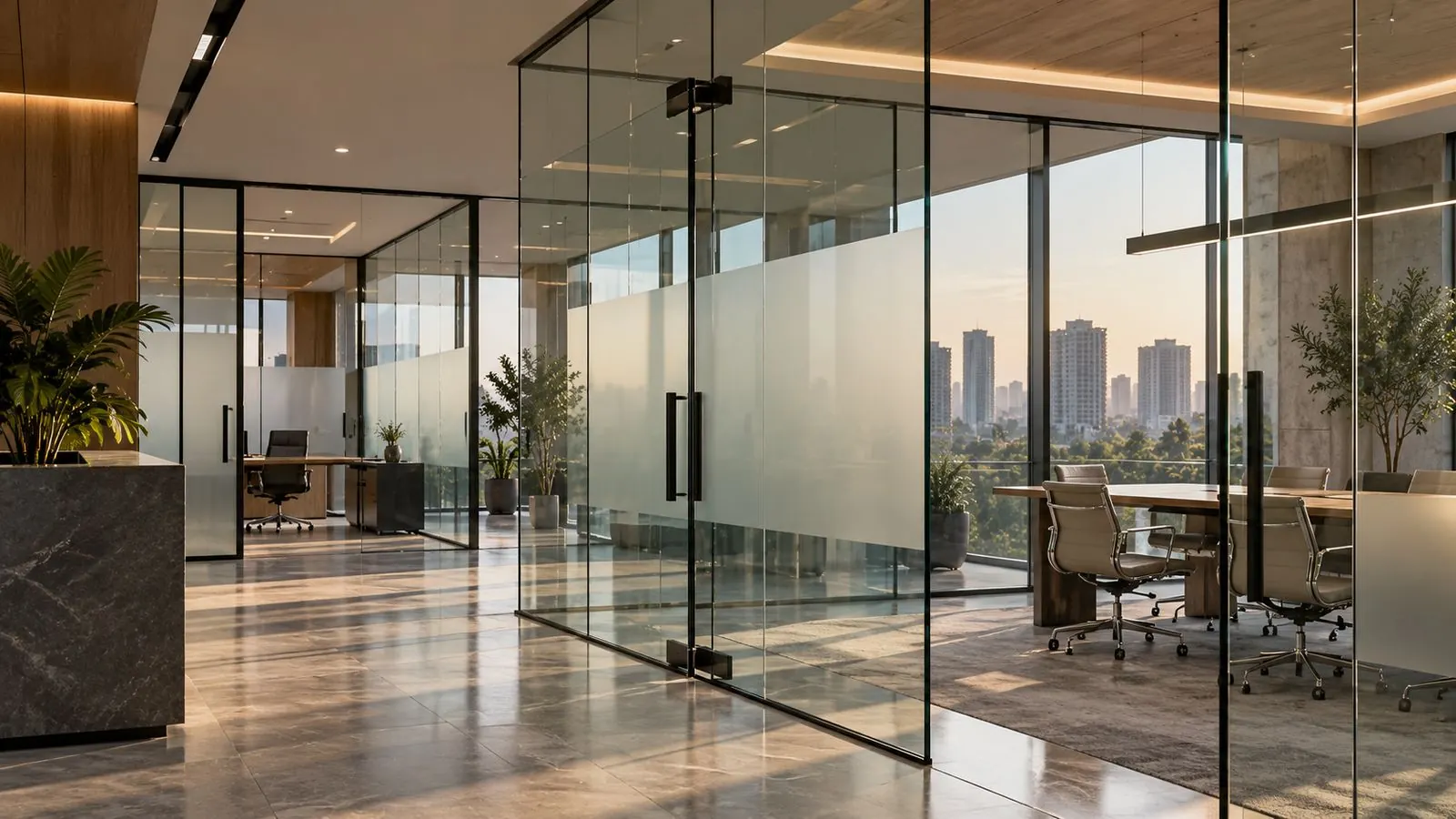 Glass office partition with a frosted band in a meeting room