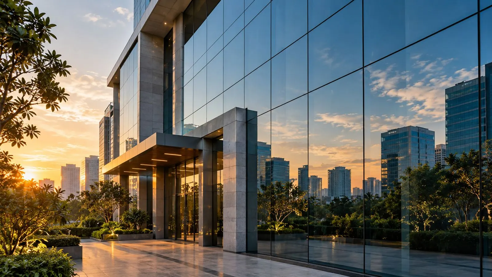 Reflective glass facade of a commercial building at sunset
