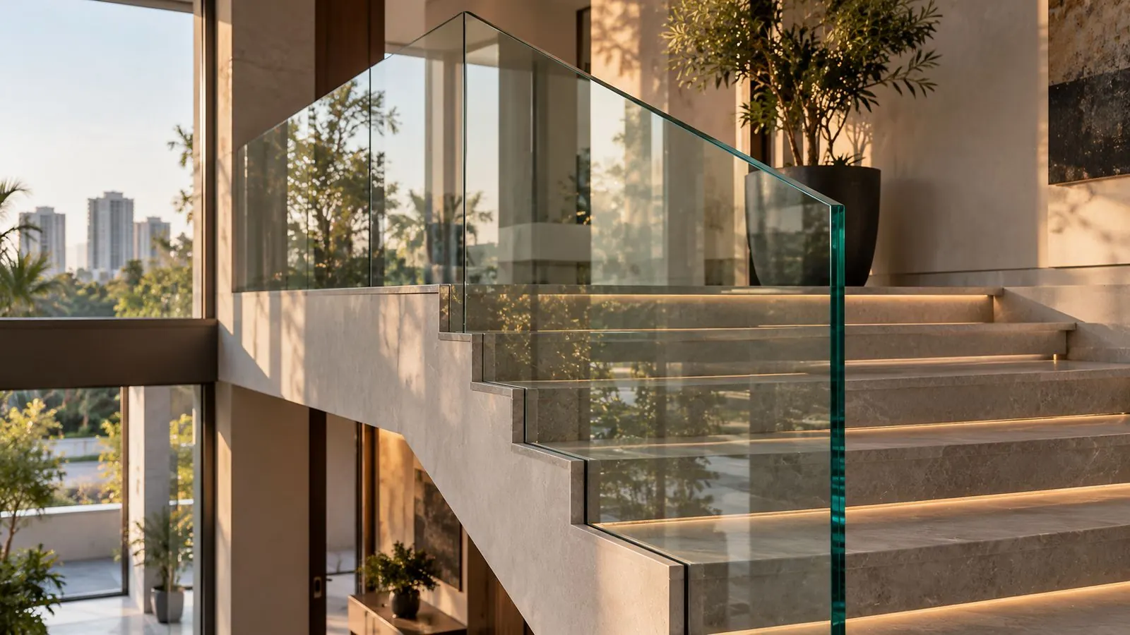 Frameless glass railing with a green glass edge beside a stair