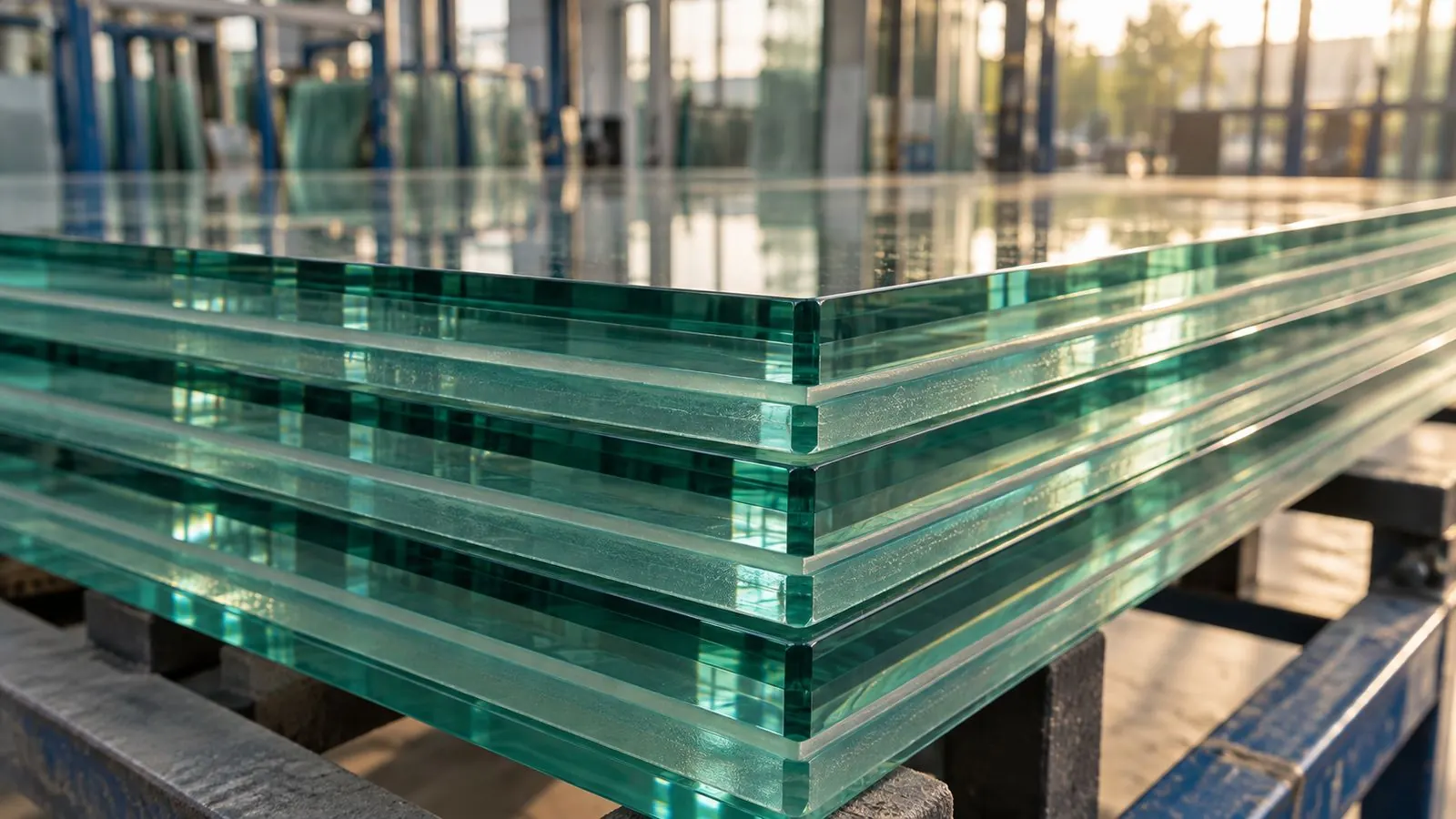 Stack of toughened laminated glass sheets showing green cut edges and interlayers